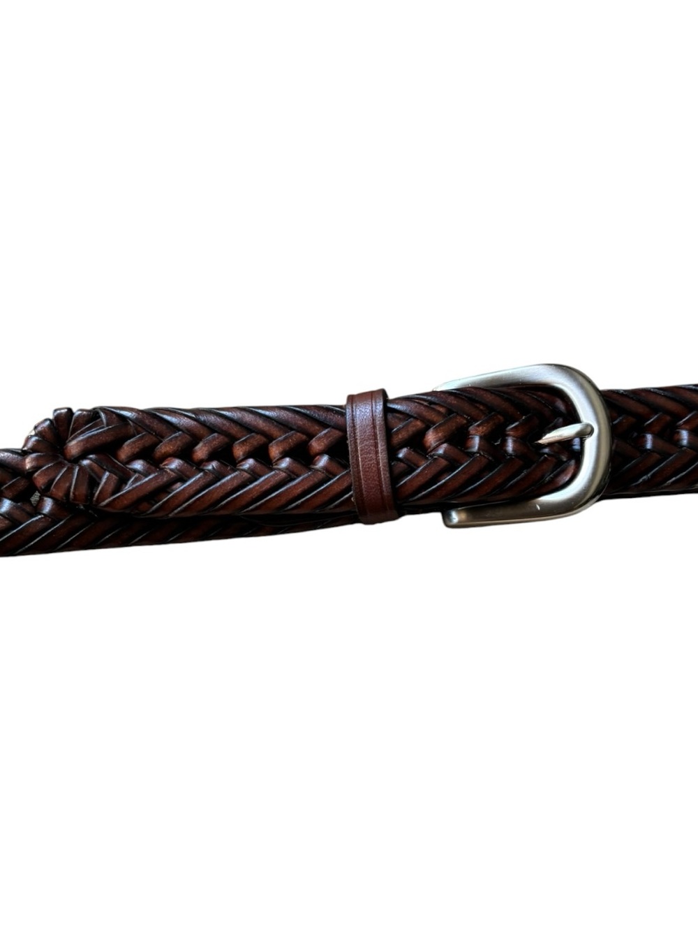 Brown Braided Genuine Leather Belt 1.25” Wide Brushed Silver Buckle Size 38 - Picture 2 of 13